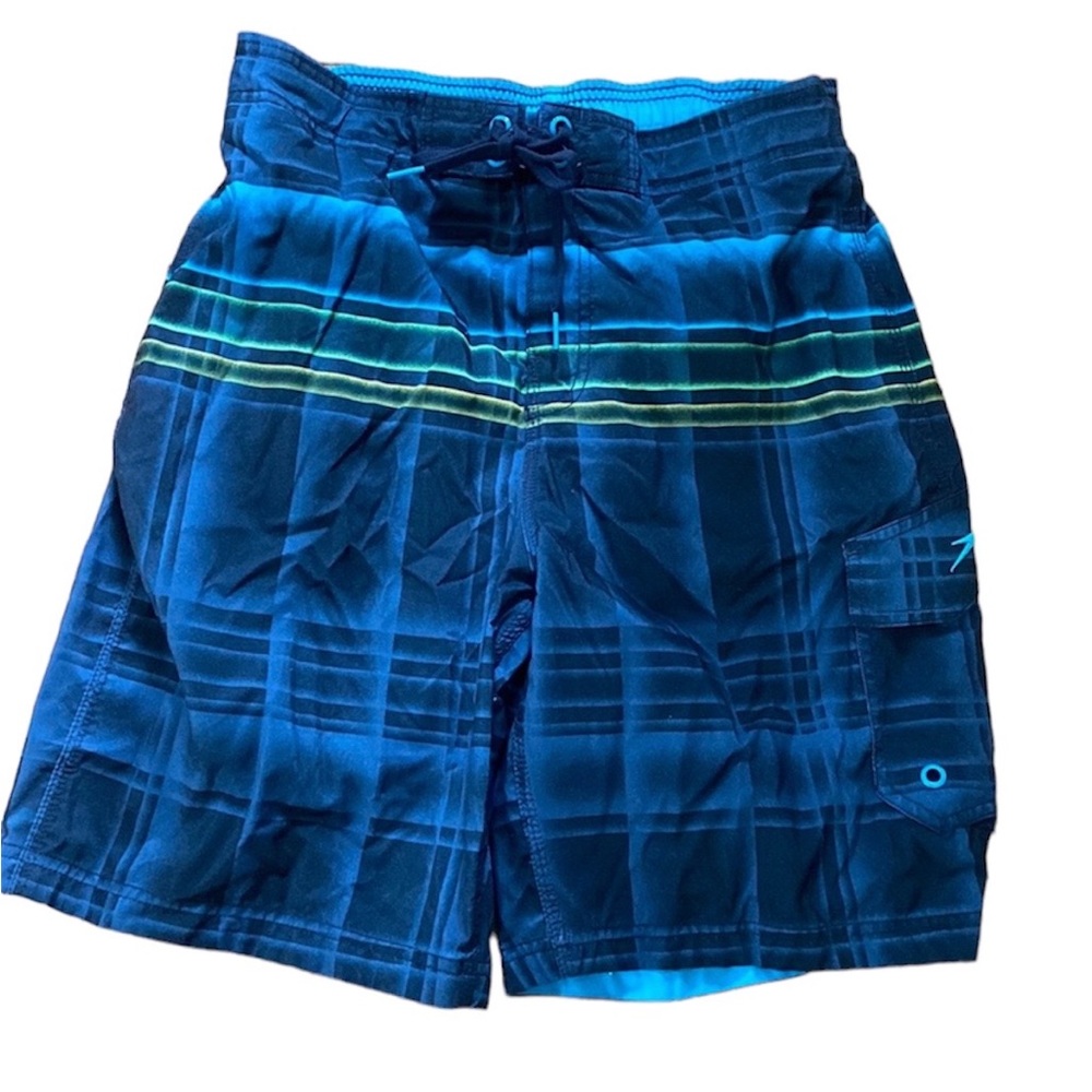 Speedo Navy Plaid Print Swim Trunks Men’s Size Medium
